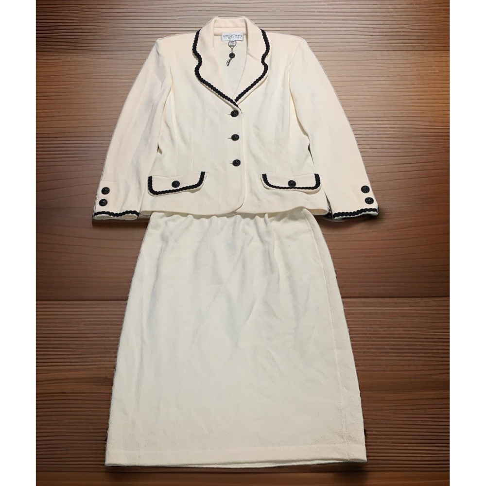 NWOT St John Collection Cream Knit Skirt Suit Black Rickrack Trim Size 8 Wool